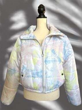 OUTER EDGE Pastel Tie-Dye Puffer Jacket in Blue, Yellow, Pink